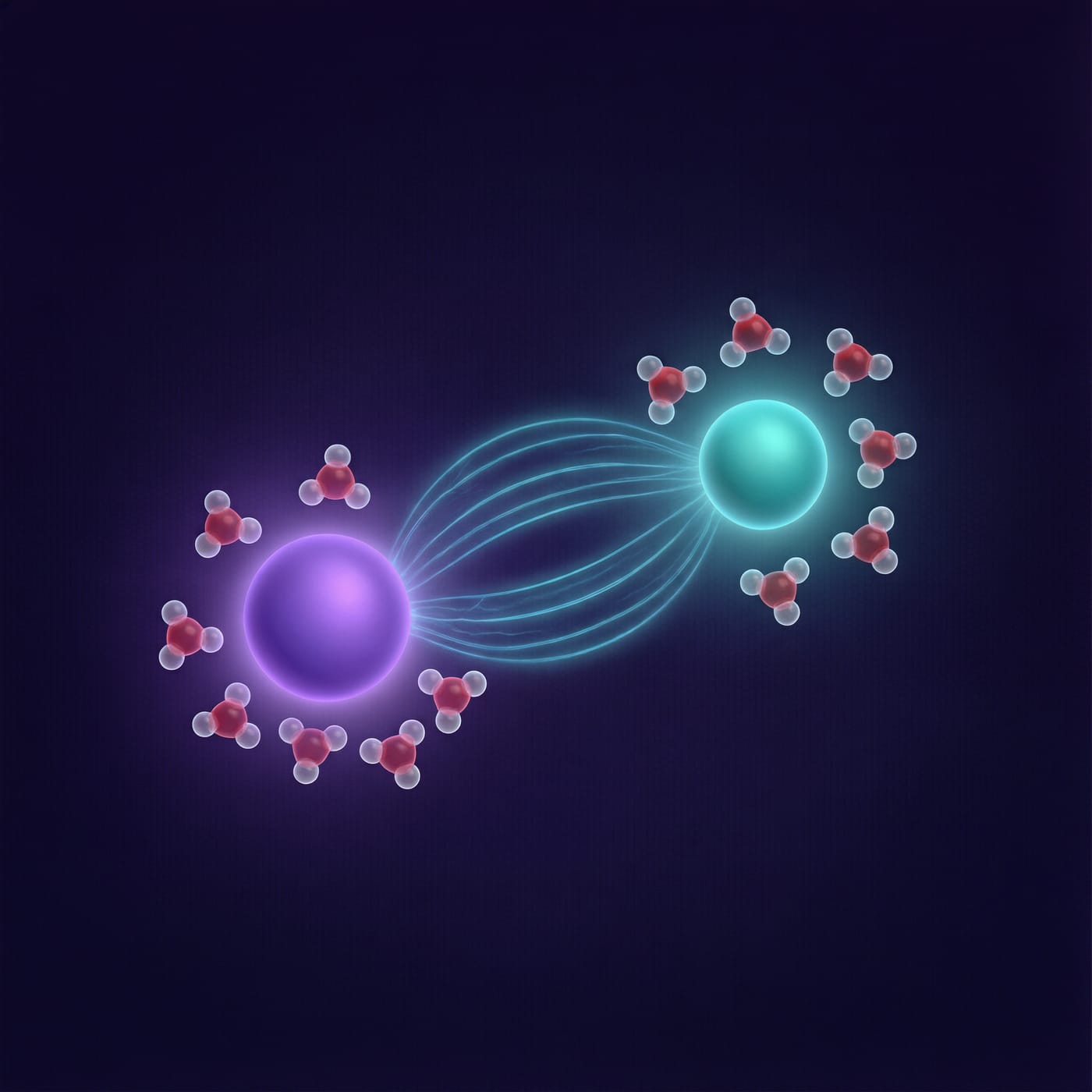 Illustration of solvated ions surrounded by oriented water dipoles